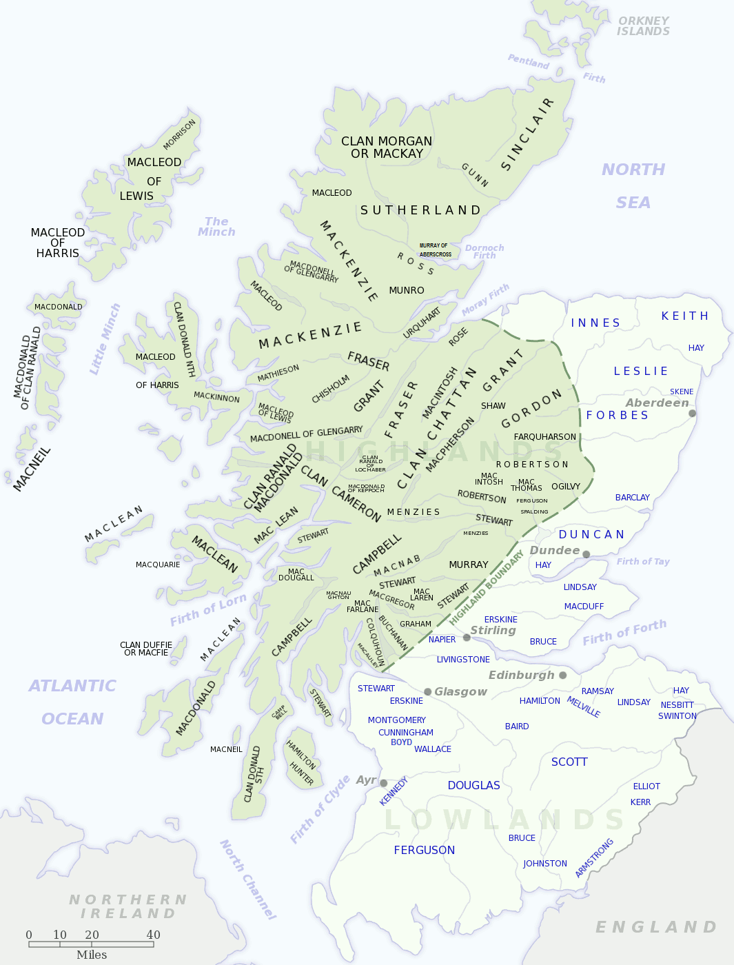 Originally based on the "Clan Map of Scotland" from The Scottish Clans & Their Tartans, W. & A.K. Johnston, 1939.