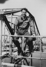 Andrew Laurenson at the top of one of the 350 foot steel transmitter towers at Skaw in 1947. (© Andrew Laurenson, via Leslie Smith)