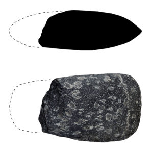 incomplete stone axehead artefact with dotted line showing possible original shape