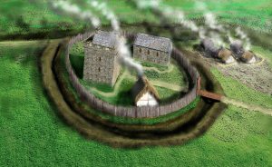 Digital reconstruction of a medieval castle, surrounded by a wooden fence and ditch, with additional thatched buildings outside