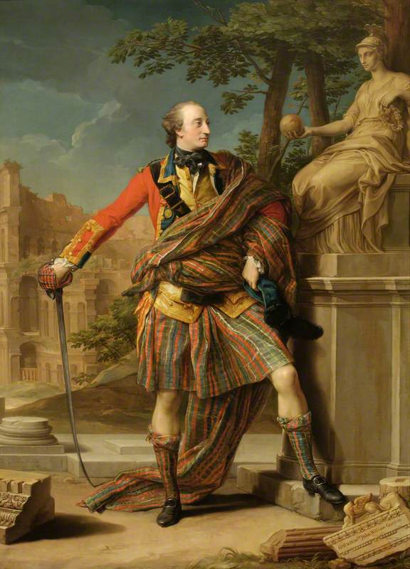 Portrait of a man in 18th-century tartan dress posing in front of an ancient Roman statue and the Colosseum in Rome 