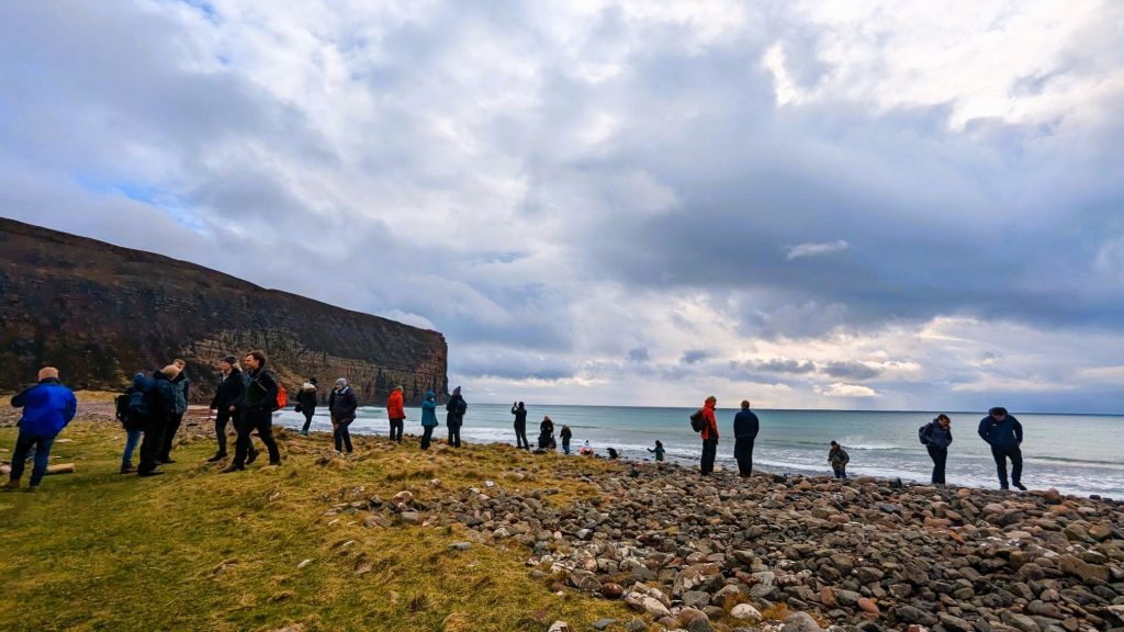 Photo of a group of people exploring a pebble beach with cliffs in the background