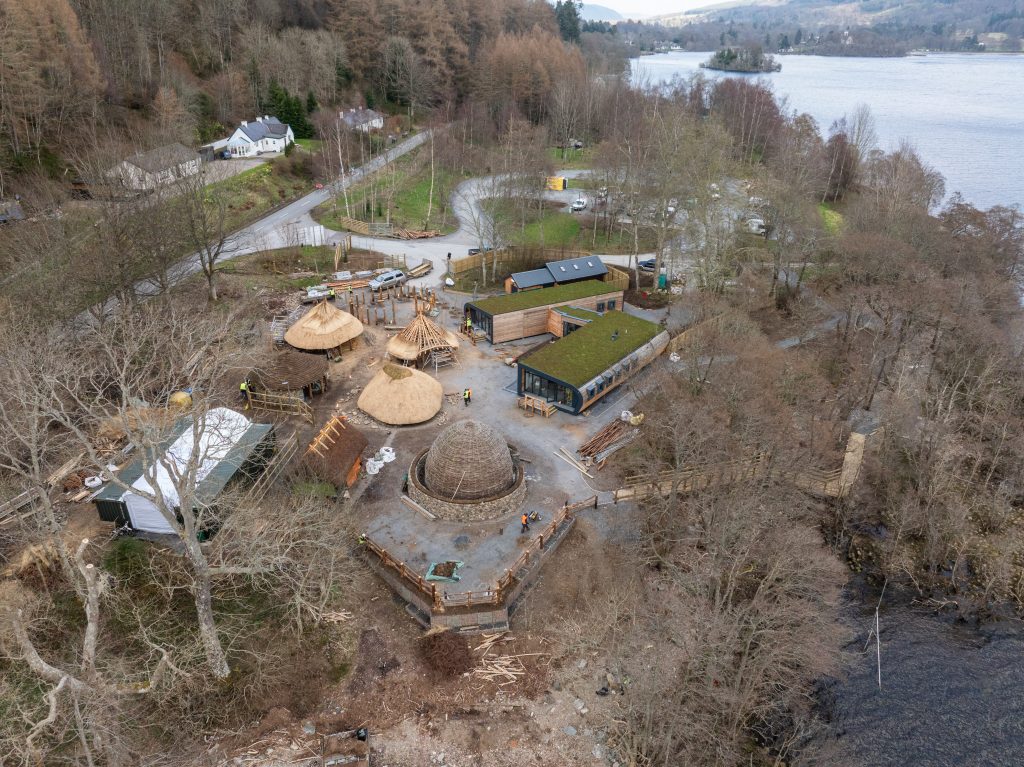 The construction of the new Crannog Centre on the shores of Loch Tay. Aerial photo.