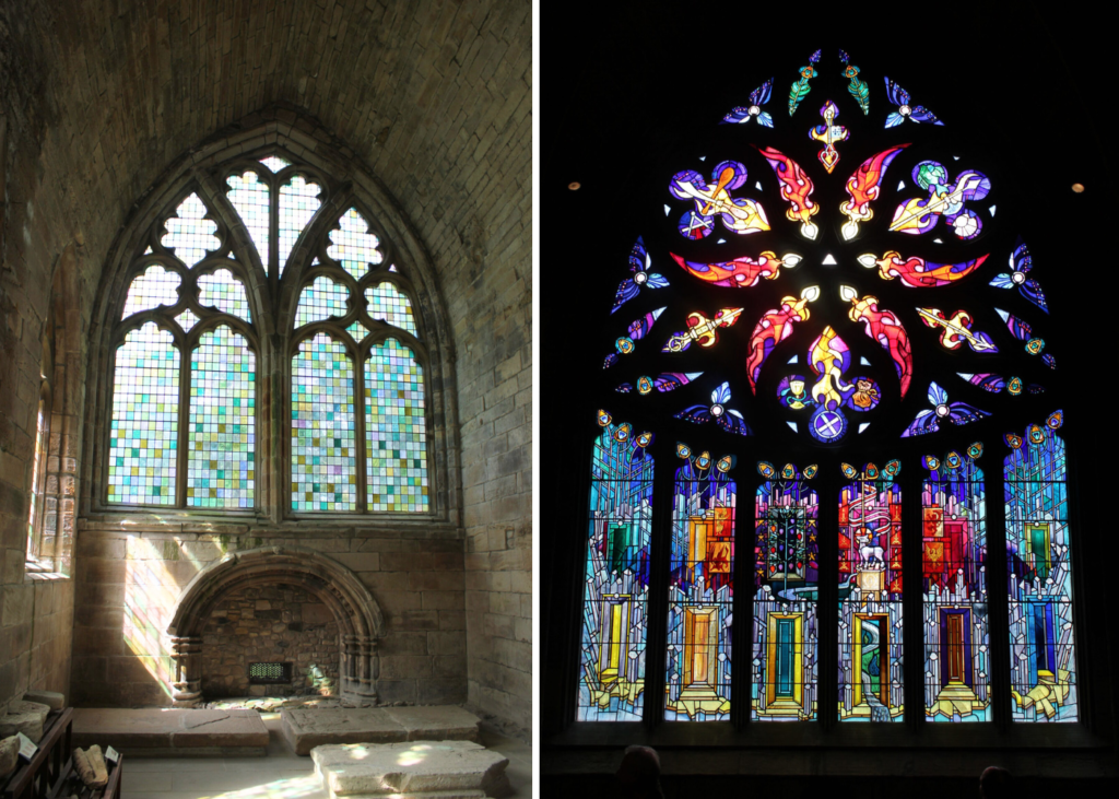 Photo collage of two vaulted windows in churches, the right with red and blue stained glass