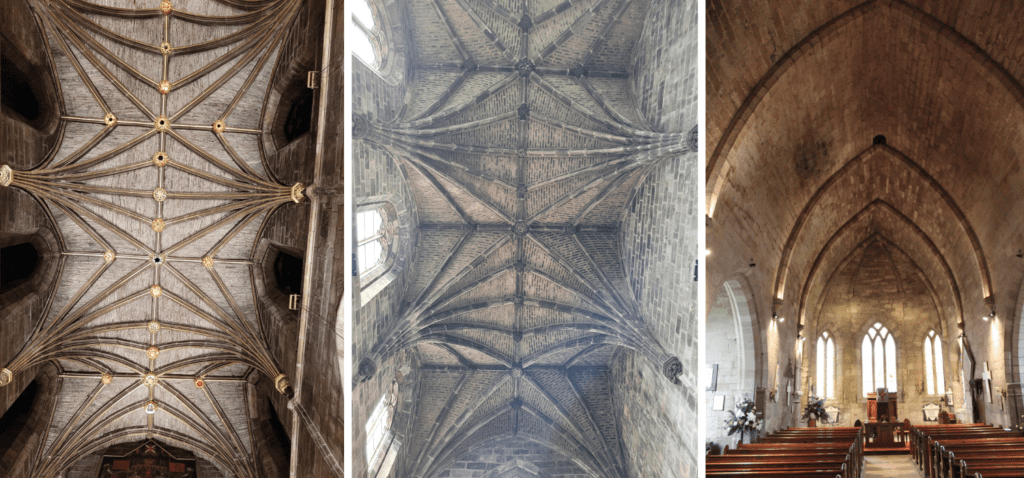 Collage of three photos showing the vaulted ceilings of churches