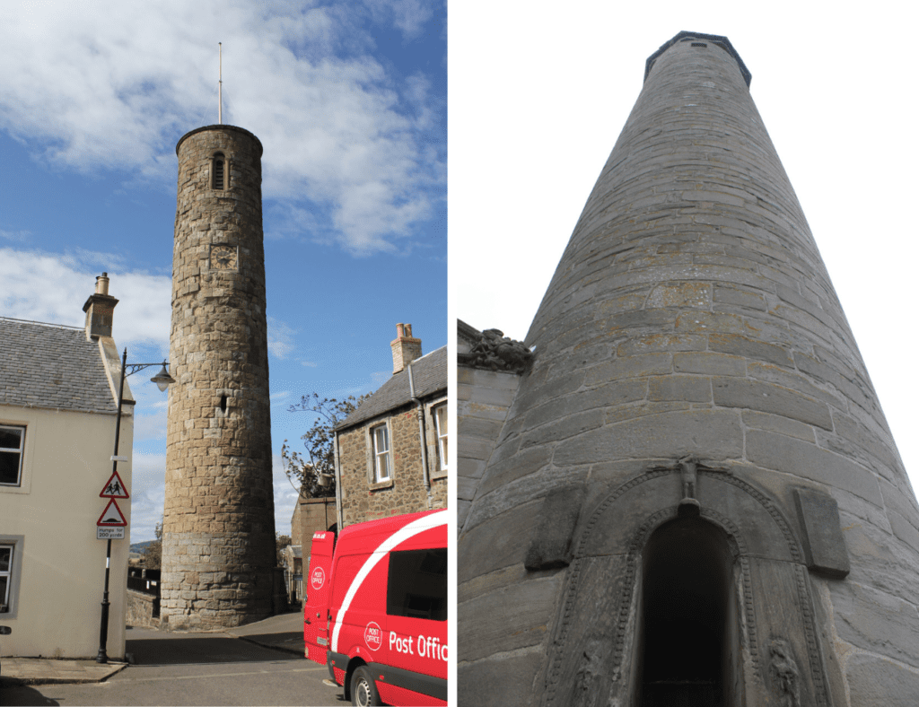 Collage of two tall round towers
