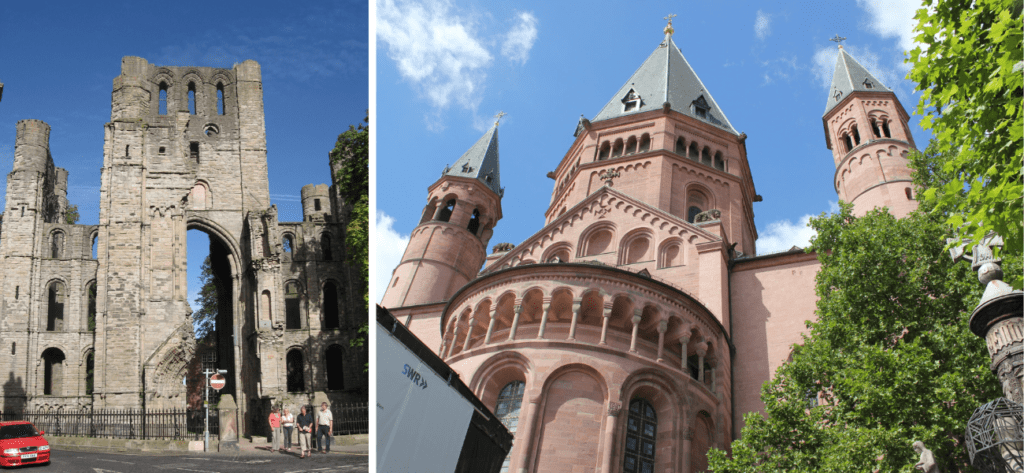Collage photo of the ruined frontage of a grey stone abbey in Scotland and a pink stone cathedral