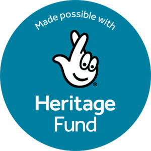 Blue circular logo with white text reading: "made possible with Heritage Fund"