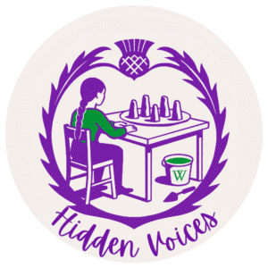 Logo for the Hidden Voices project of a woman seated at a table with a plateful of archaeology and a trowel and bucket nearby with the Wikipedia logo.