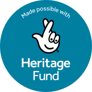 Blue logo with crossed fingers and text that says "Made possible with Heritage Fund"