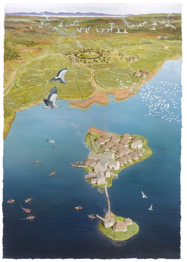 A visualisation of medieval Finlaggan by an experienced professional historical illustrator, David Simon 