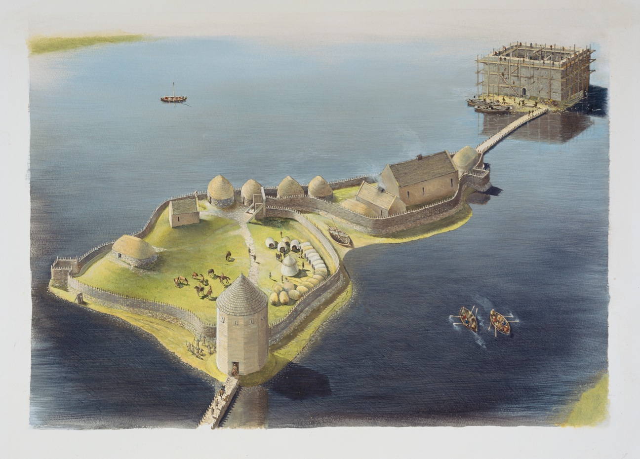 visualisation of medieval Finlaggan by an experienced professional historical illustrator, David Simon