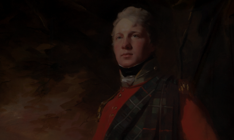A painting of a soldier in early 18th century Highland uniform