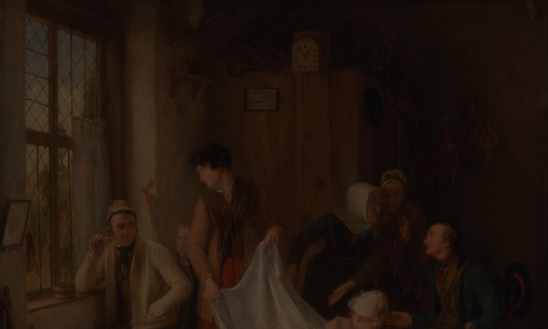 Painting of an 18th-century family in a living room with a clock in the background