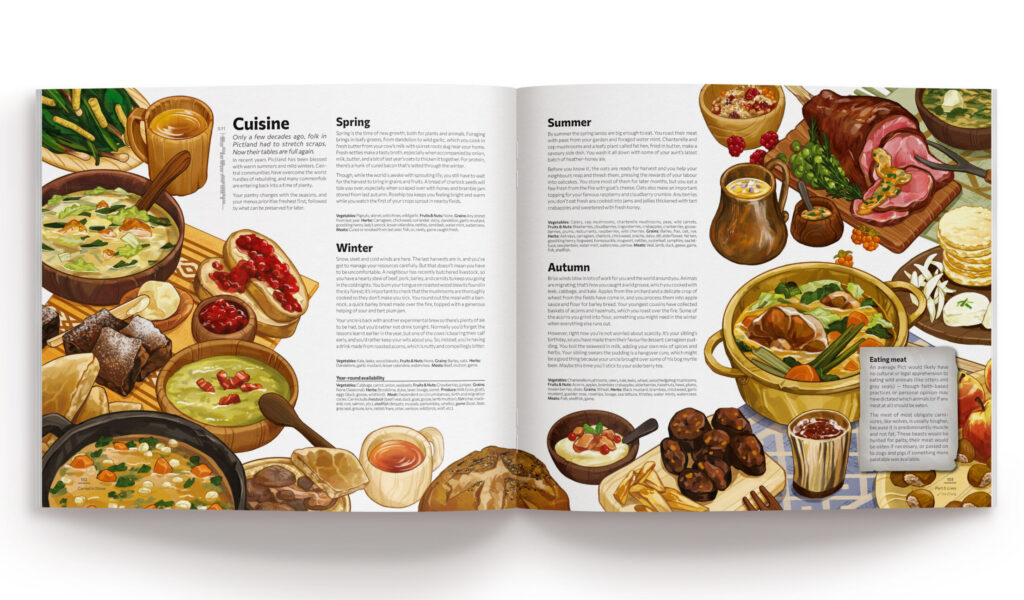 Image of open book with illustrations of warming foods.