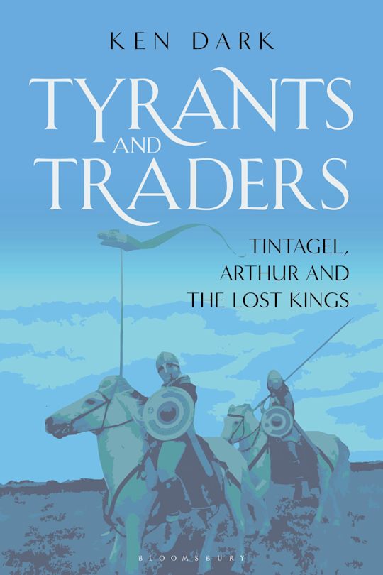 Cover of book featuring white text atop a blue-toned illustration of knights on horseback.