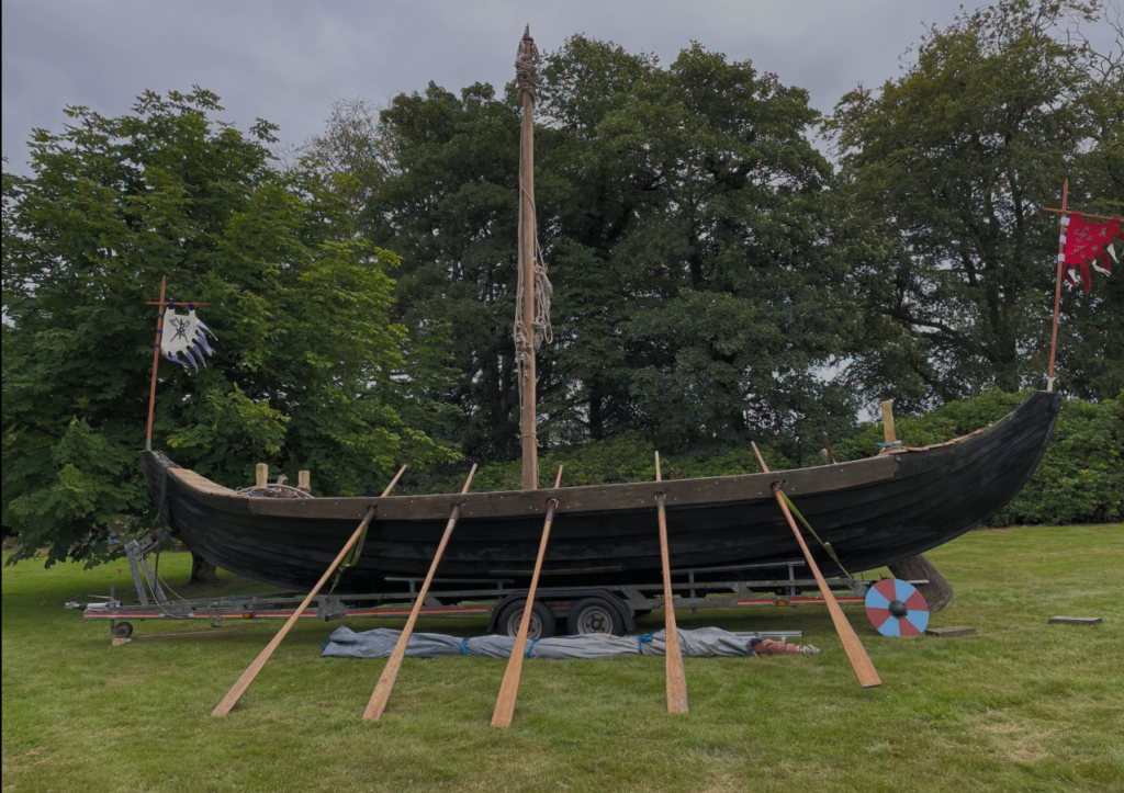 Image of Viking longship in field.