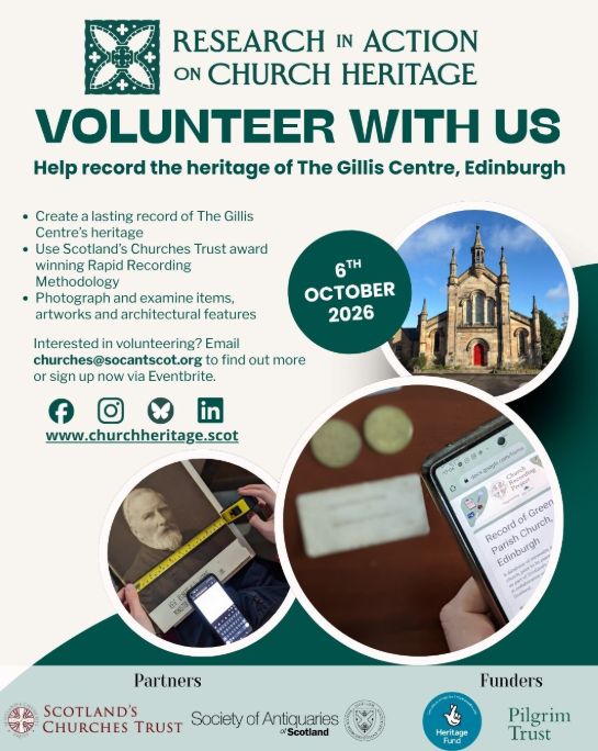 Poster showing three circular images of heritage recording processes atop a beige and dark green ground, with green text reading 'Volunteer with Us.' 